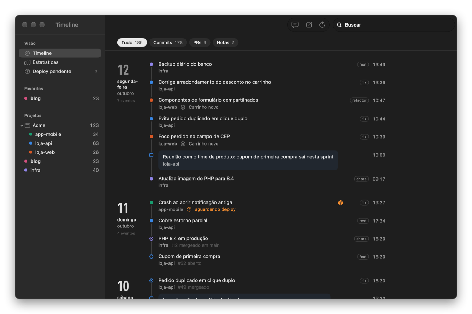 Timeline do Rastro com commits, PRs e notas agrupados por dia